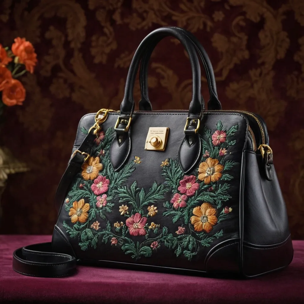 detailed photo of black leather floral bag