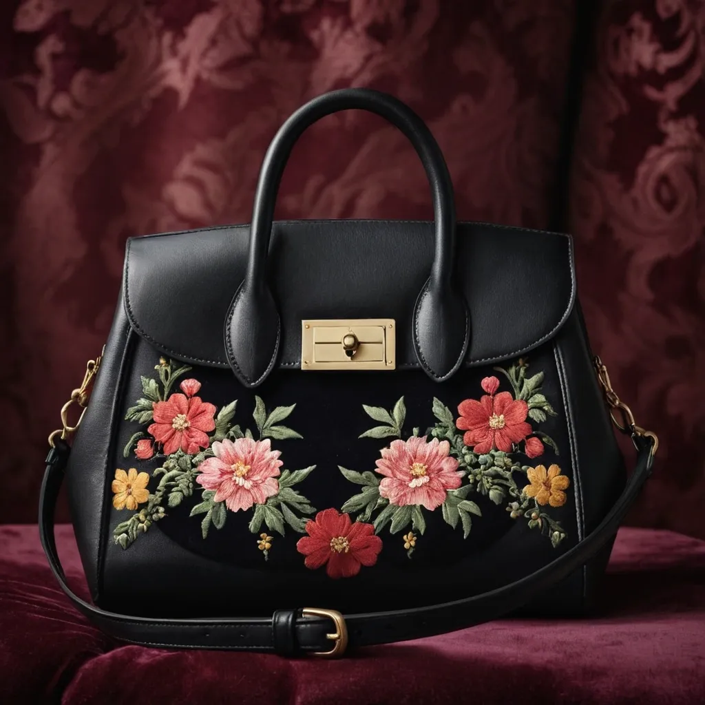 detailed photo of black leather floral bag
