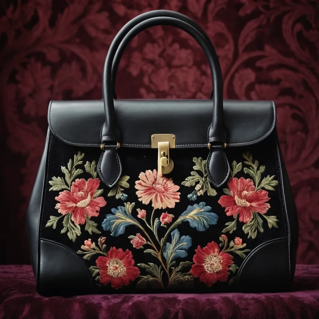 detailed photo of black leather floral bag