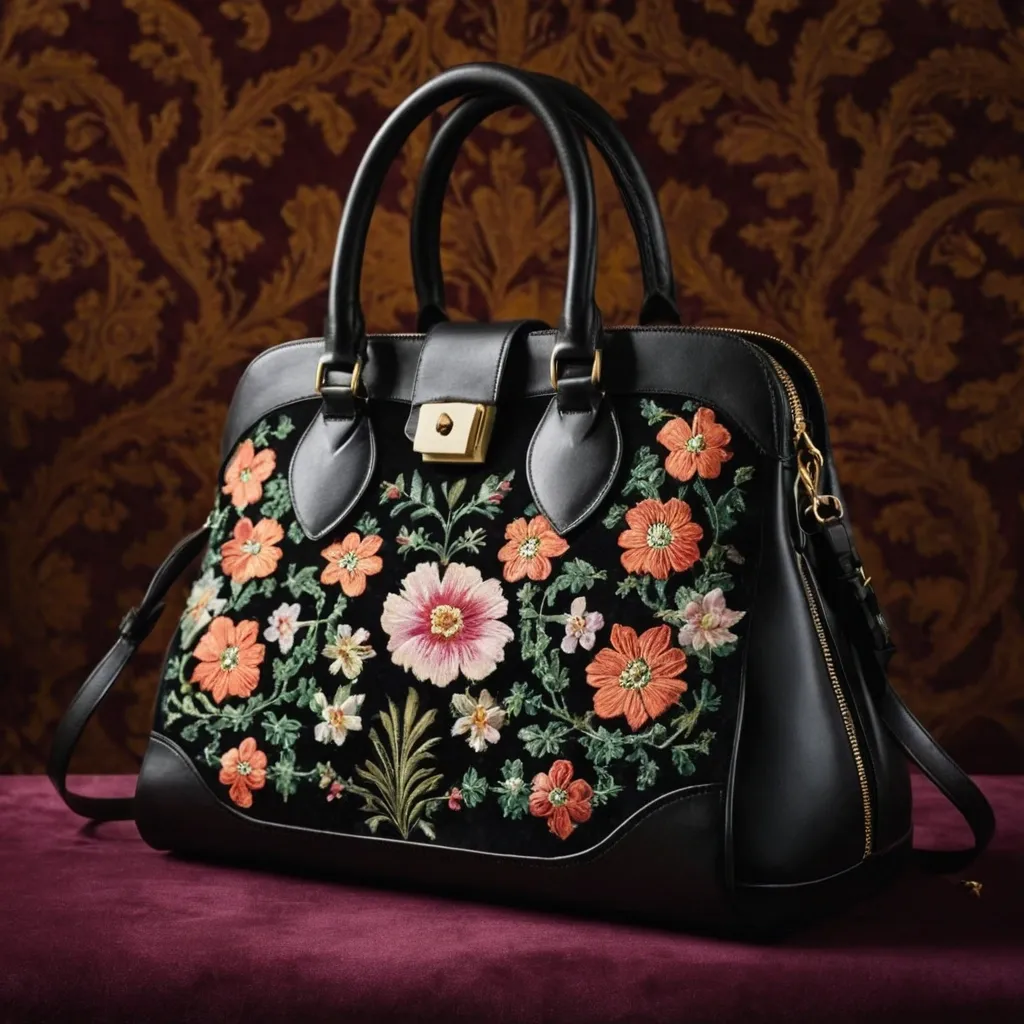 detailed photo of black leather floral bag
