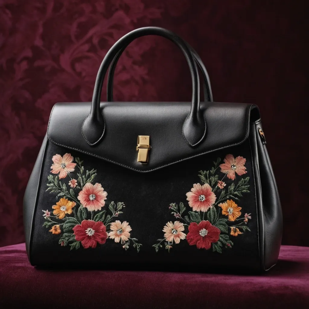 detailed photo of black leather floral bag