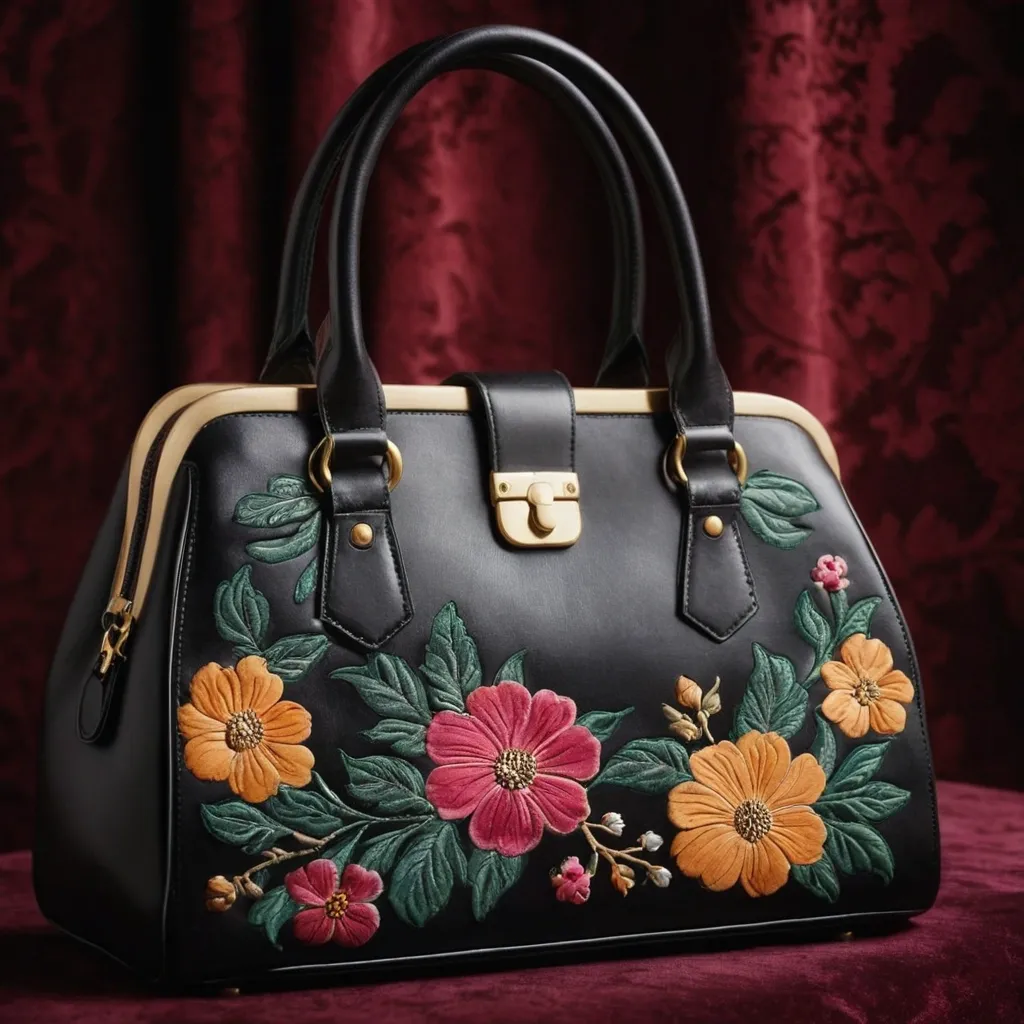 detailed photo of black leather floral bag
