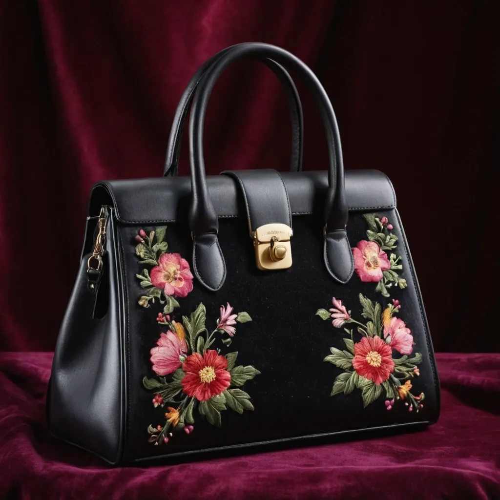 detailed photo of black leather floral bag
