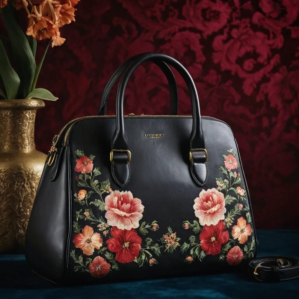 detailed photo of black leather floral bag