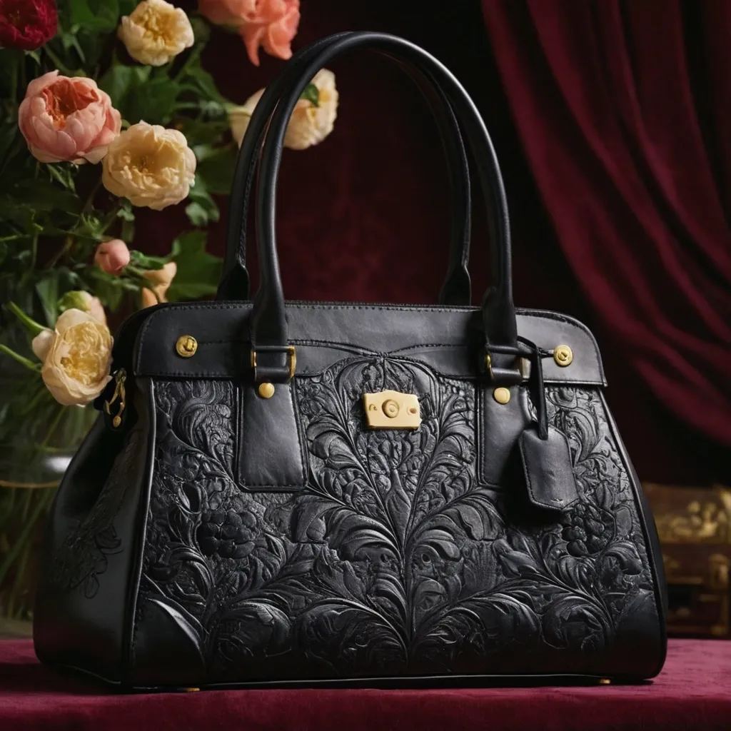 detailed photo of black leather floral bag