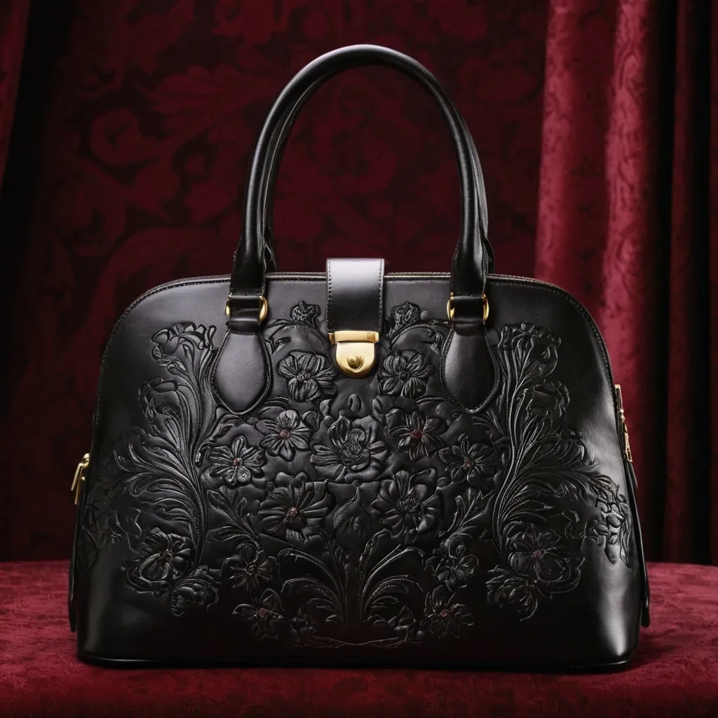 detailed photo of black leather floral bag