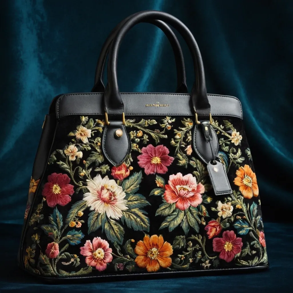 detailed photo of black leather floral bag