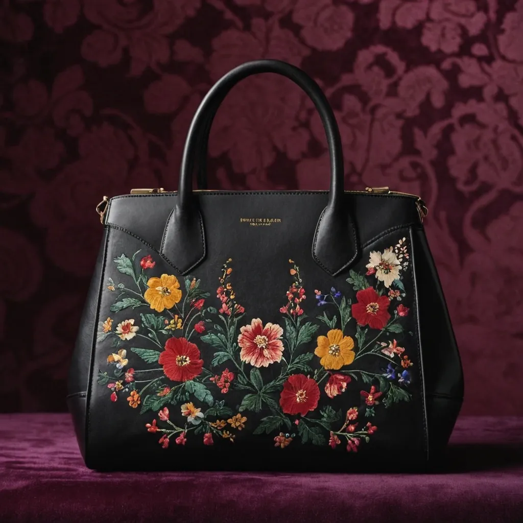 detailed photo of black leather floral bag