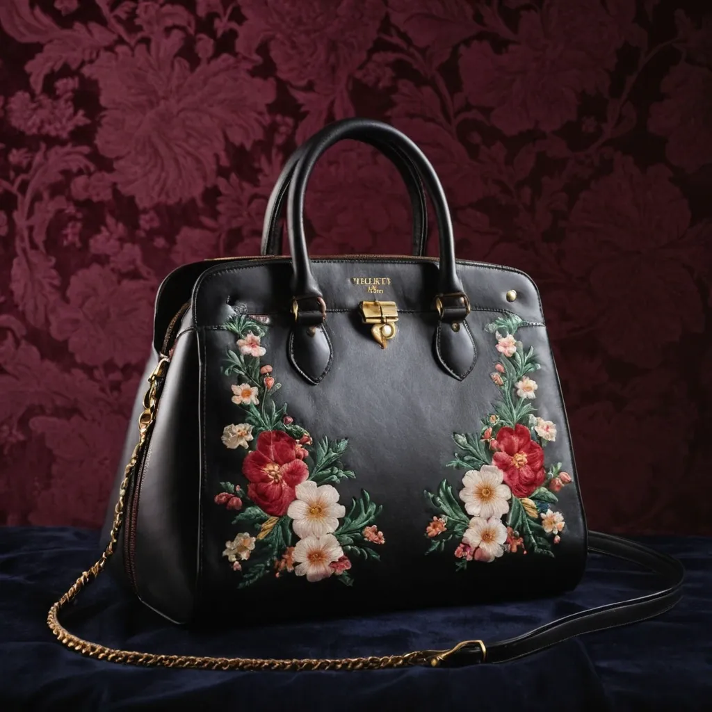 detailed photo of black leather floral bag