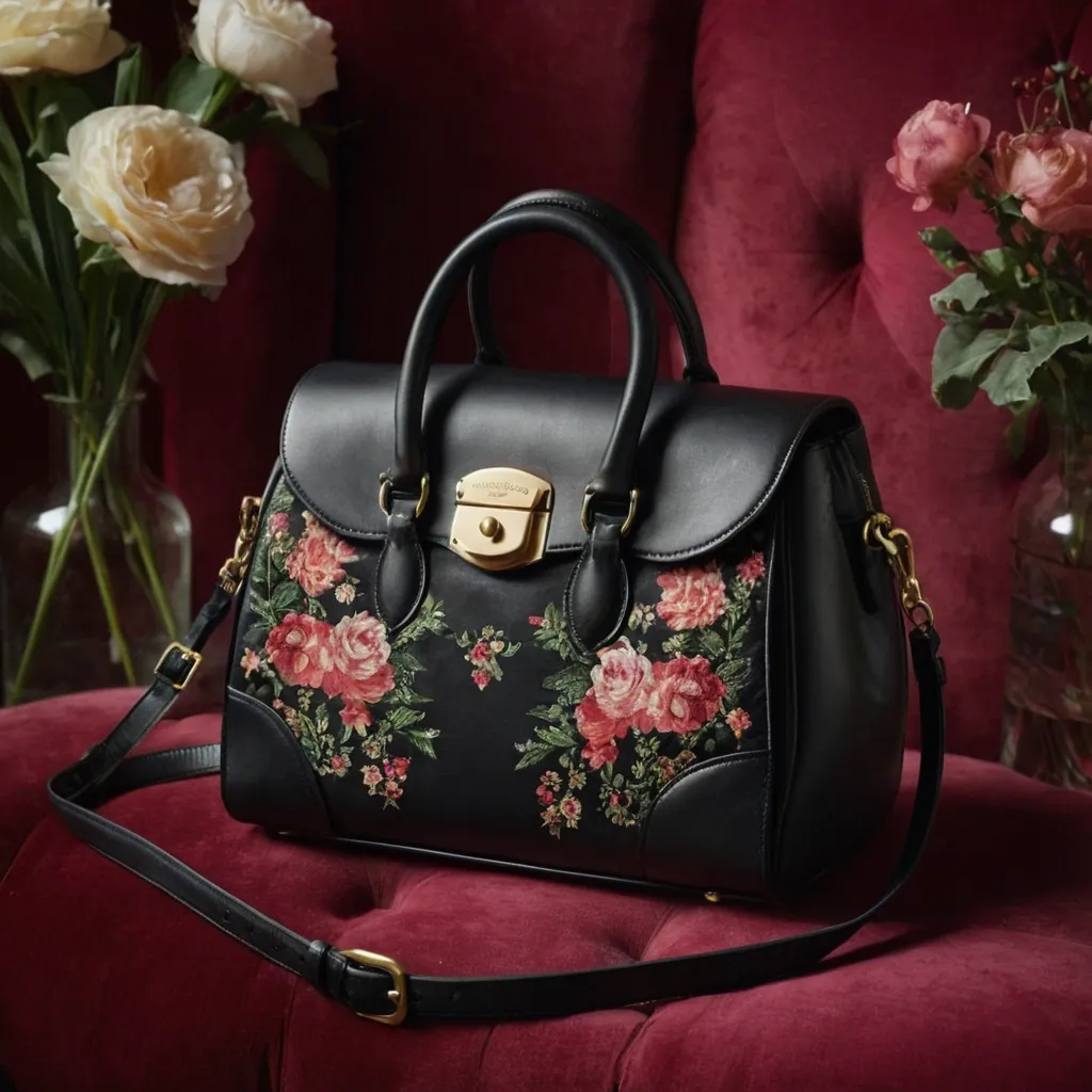 detailed photo of black leather floral bag