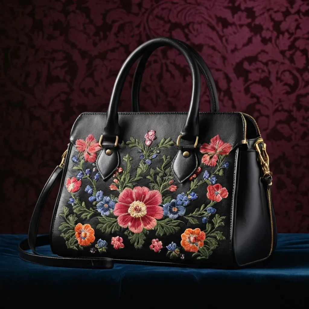 detailed photo of black leather floral bag