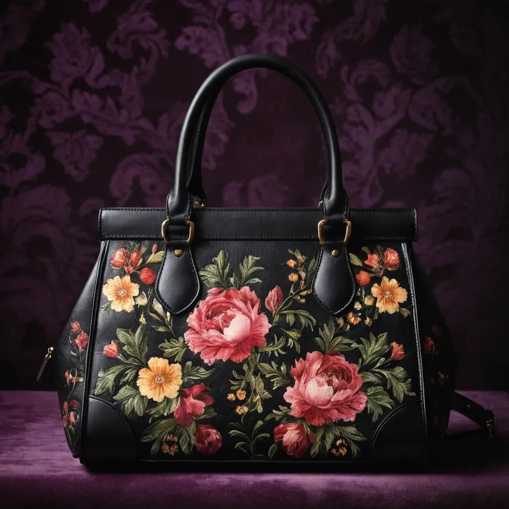 detailed photo of black leather floral bag