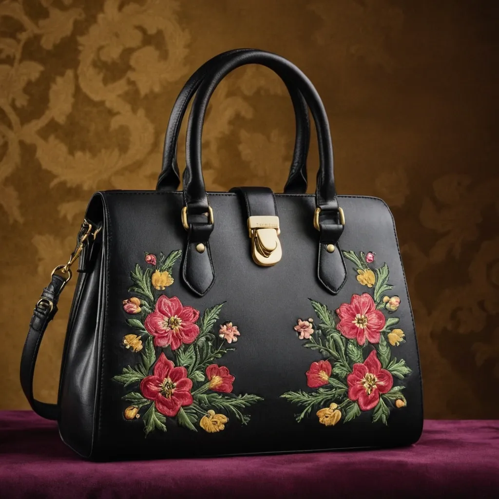 detailed photo of black leather floral bag