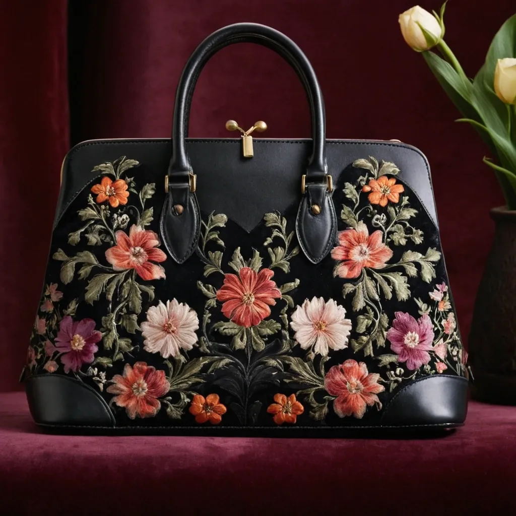 detailed photo of black leather floral bag