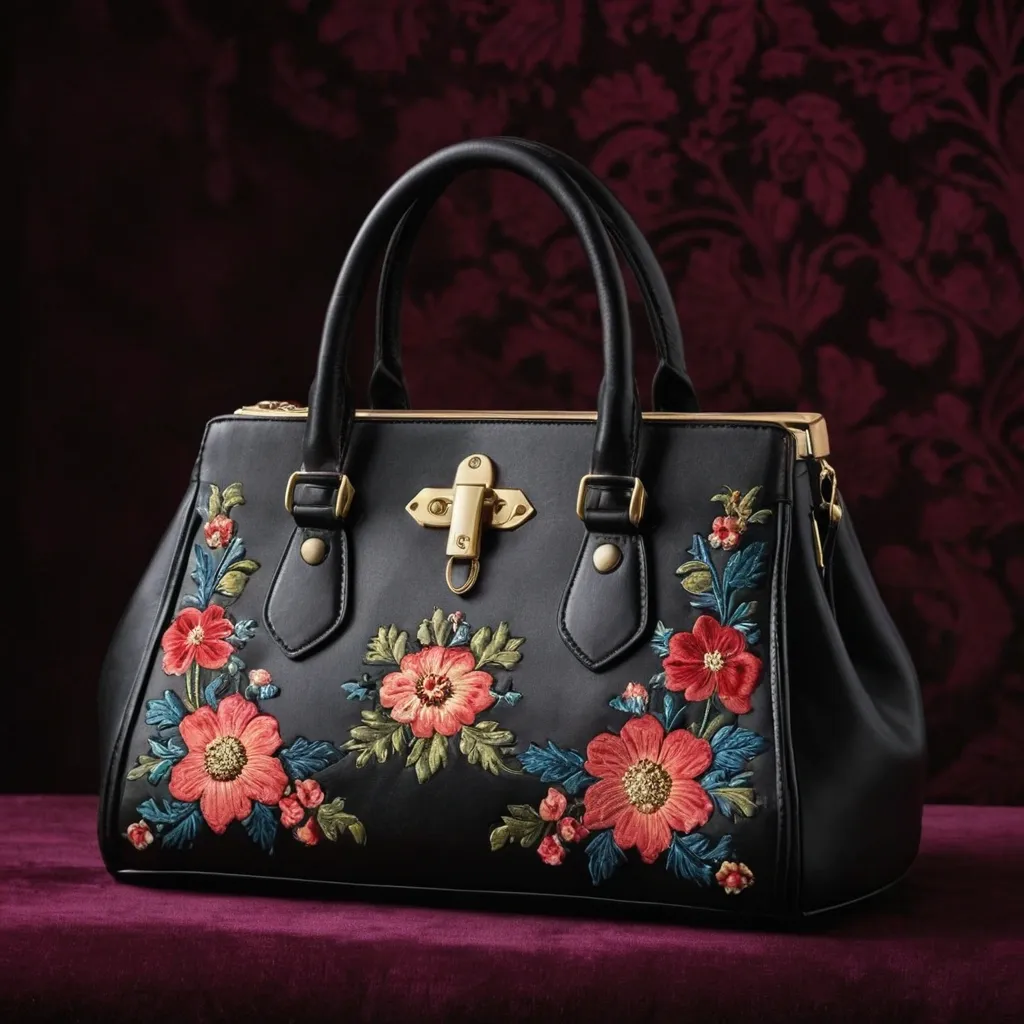 detailed photo of black leather floral bag