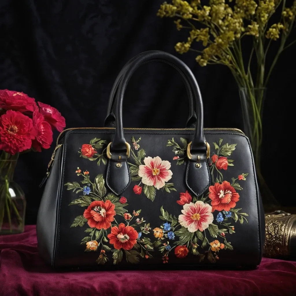 detailed photo of black leather floral bag