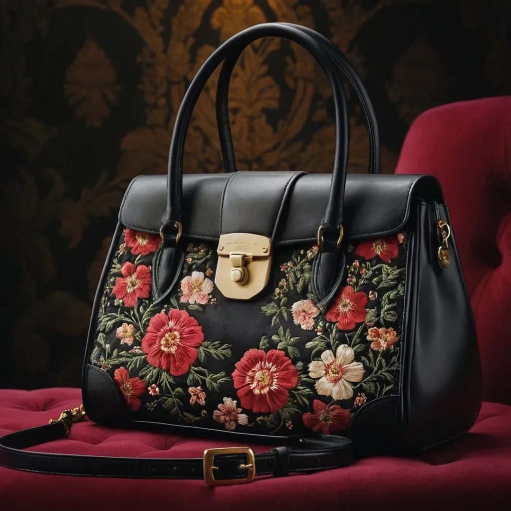 detailed photo of black leather floral bag