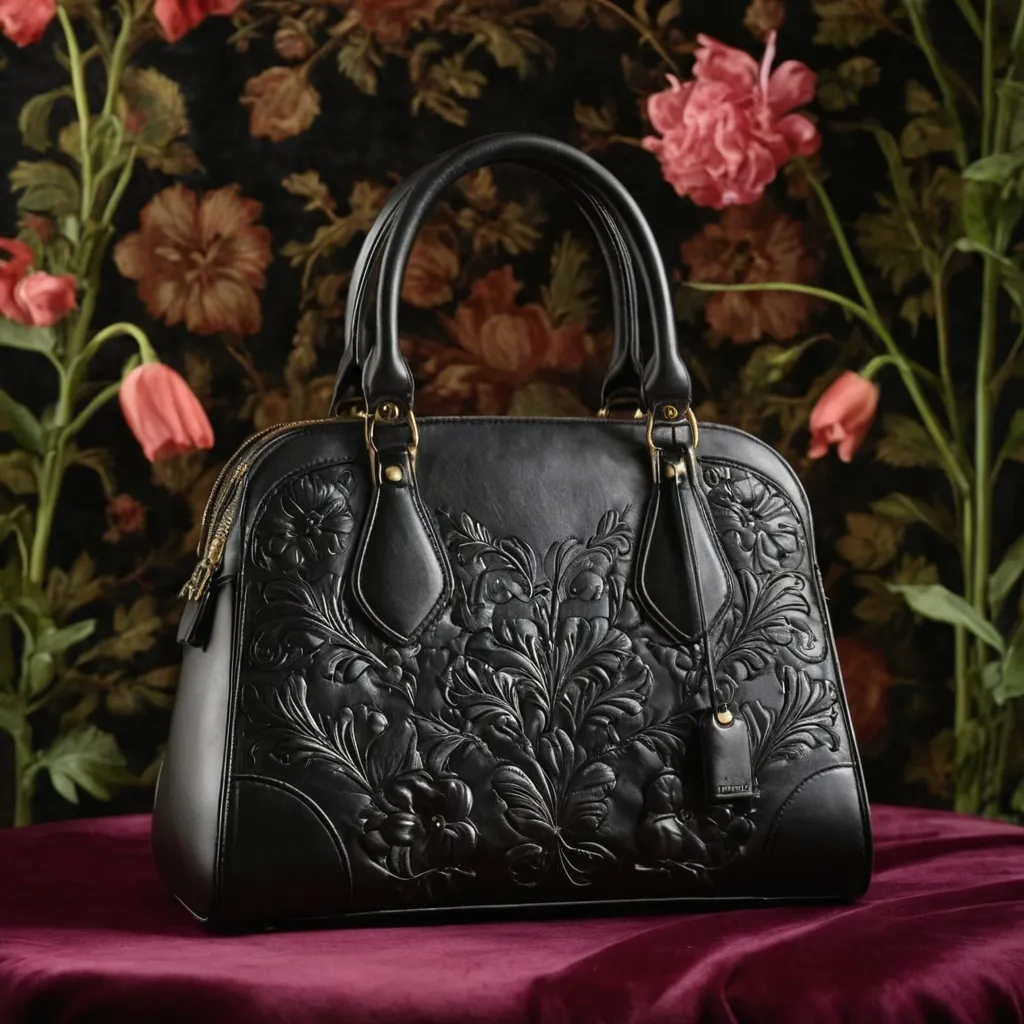 detailed photo of black leather floral bag