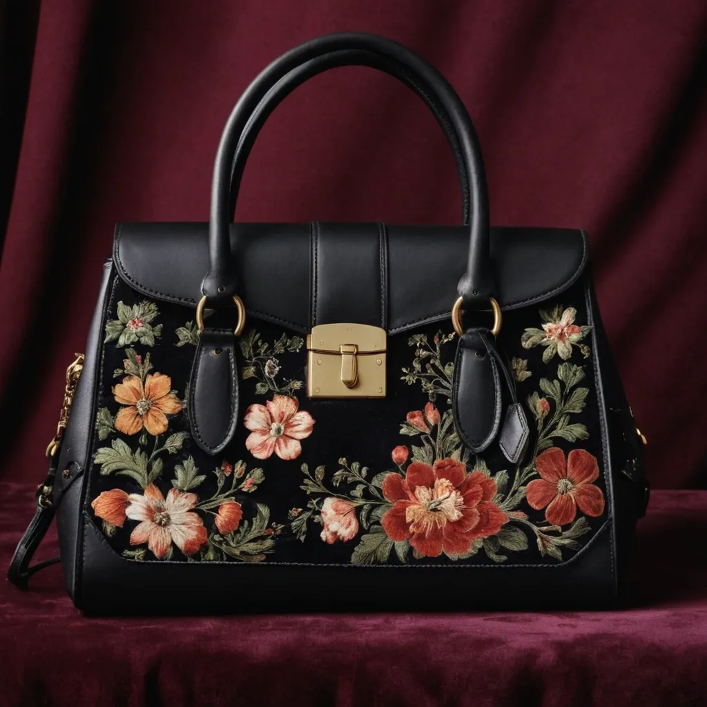 detailed photo of black leather floral bag