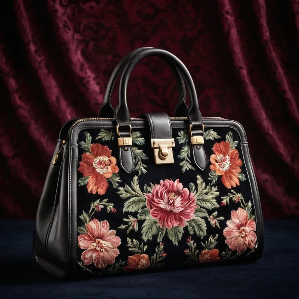 detailed photo of black leather floral bag