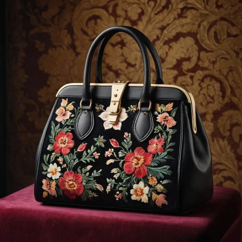 detailed photo of black leather floral bag