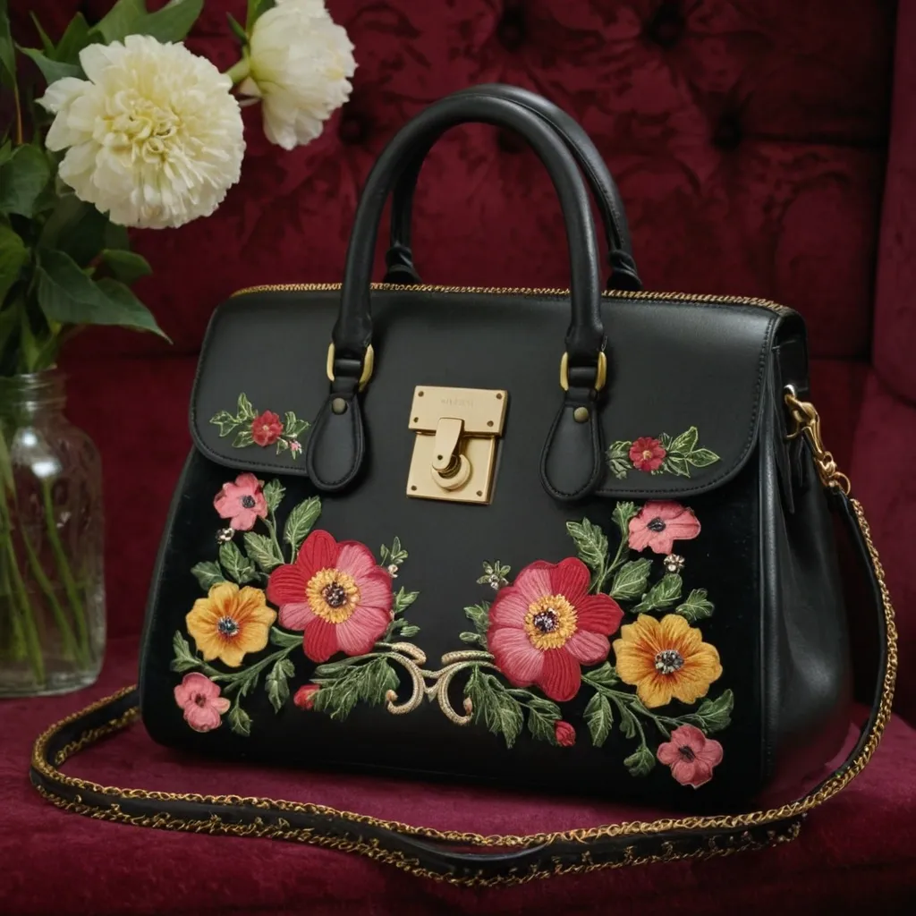 detailed photo of black leather floral bag