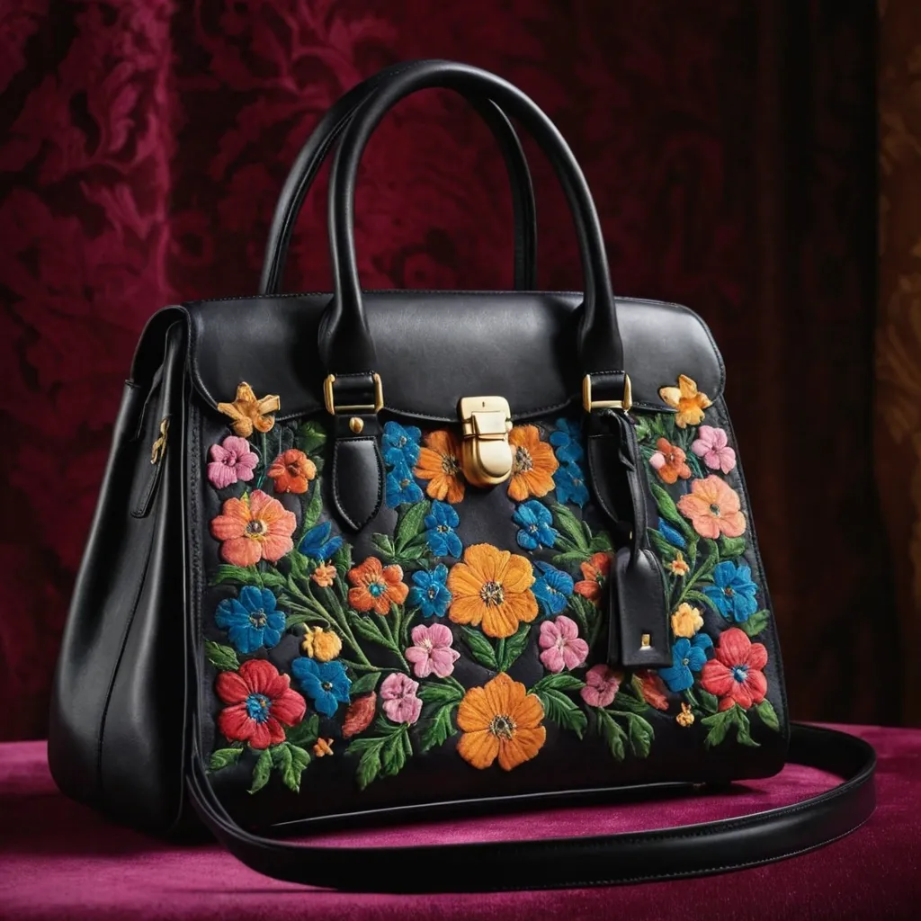detailed photo of black leather floral bag
