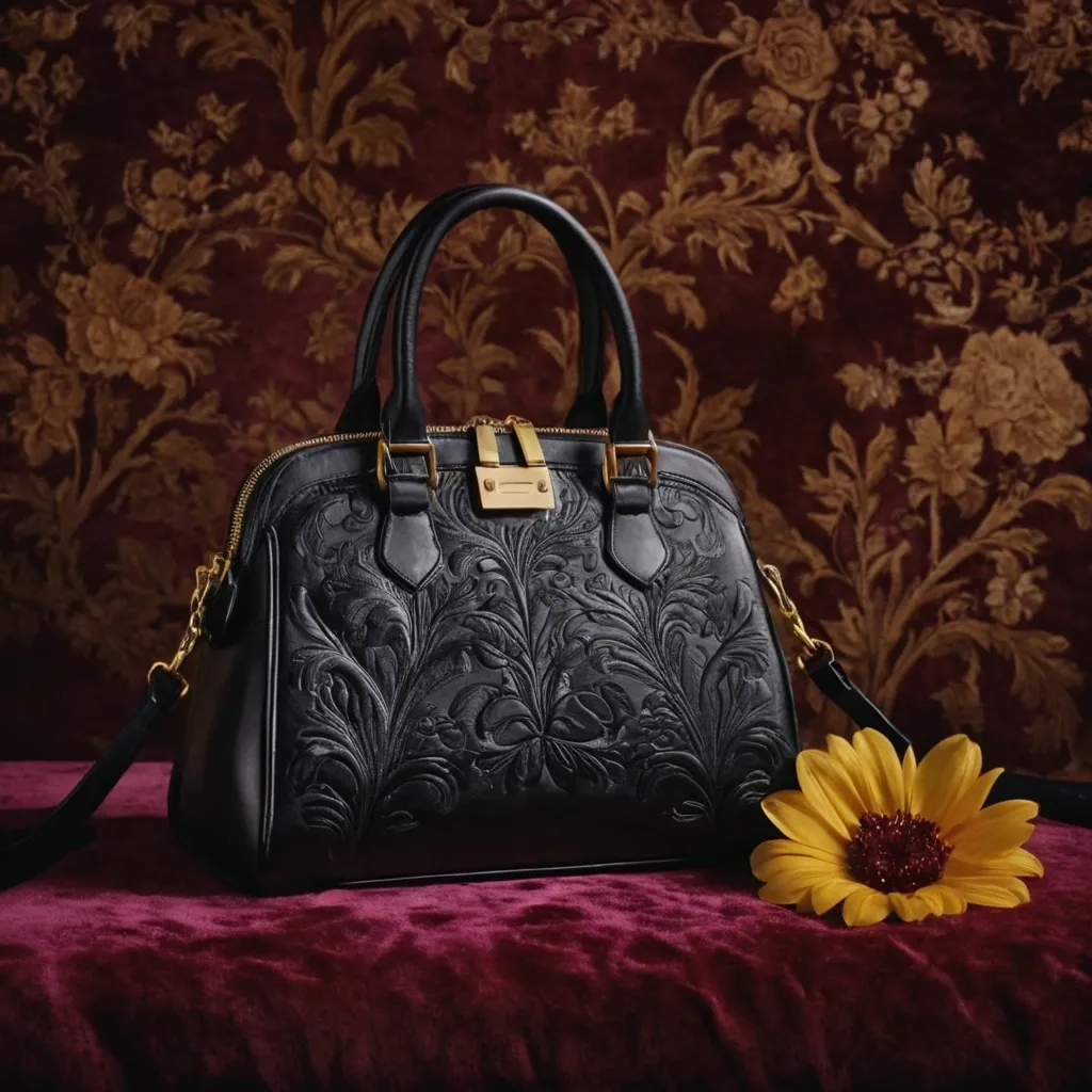 detailed photo of black leather floral bag