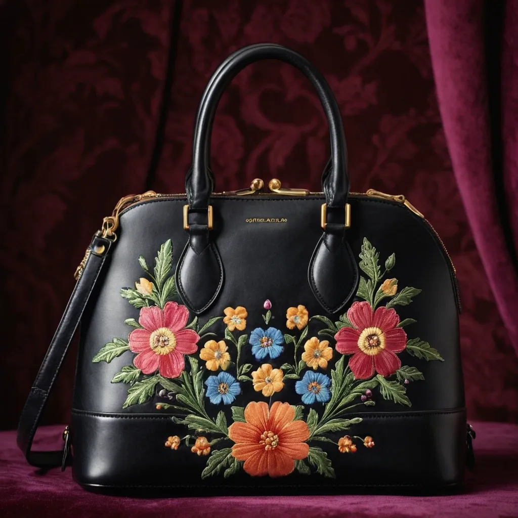 detailed photo of black leather floral bag