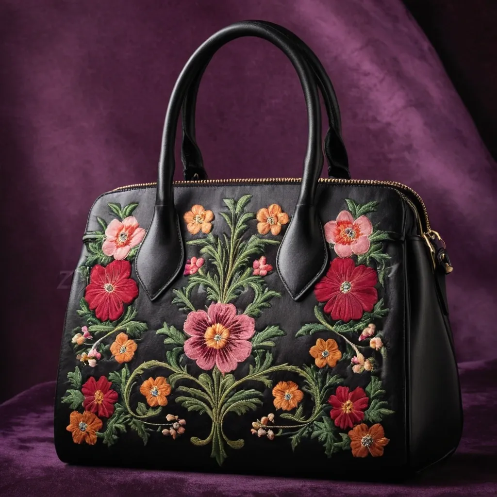 detailed photo of black leather floral bag