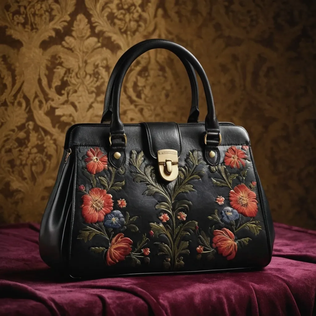detailed photo of black leather floral bag