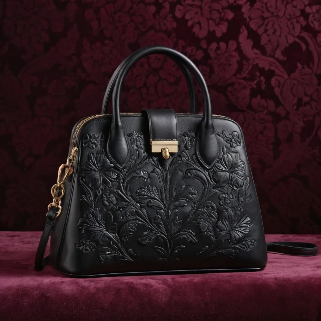 detailed photo of black leather floral bag