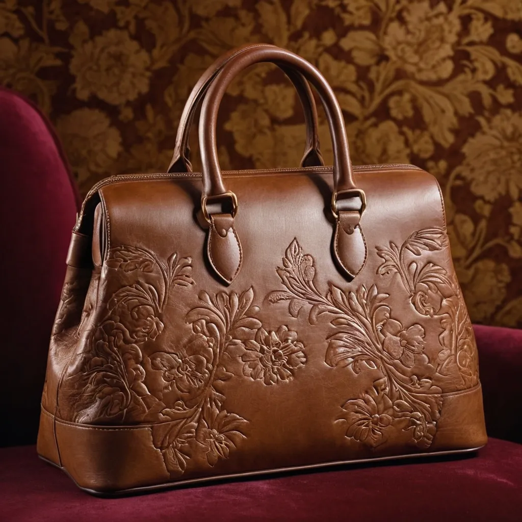 detailed photo of brown leather floral bag