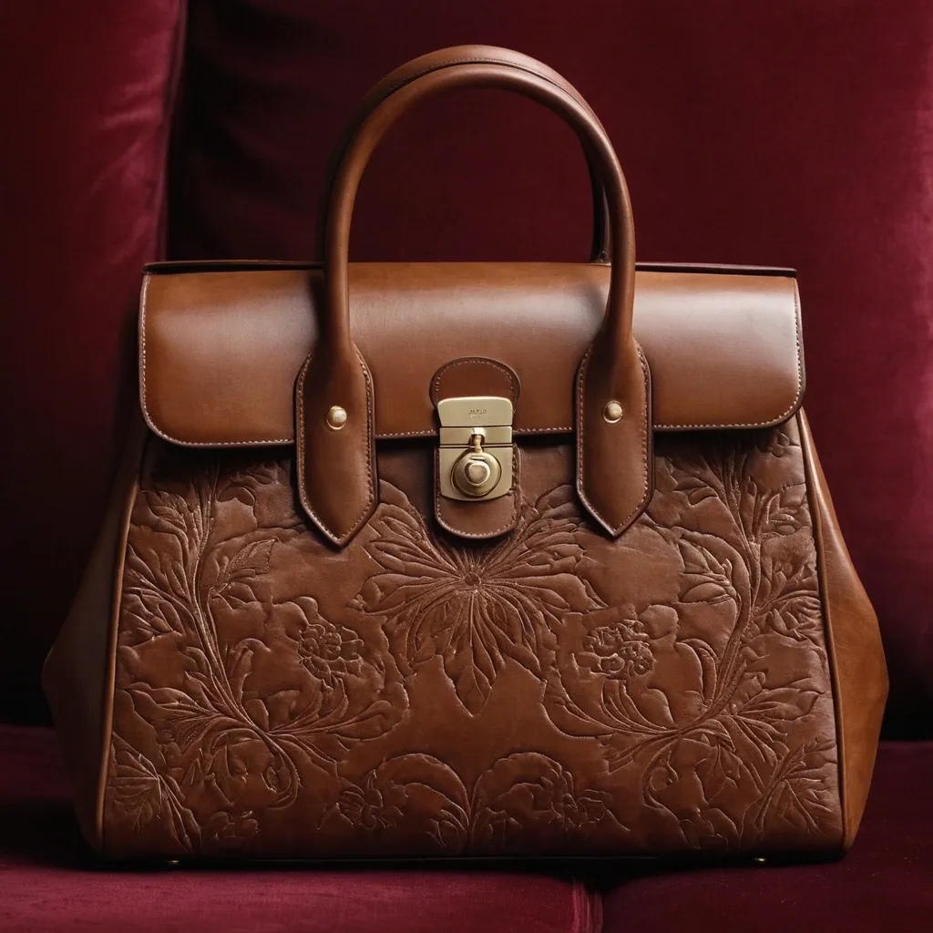 detailed photo of brown leather floral bag