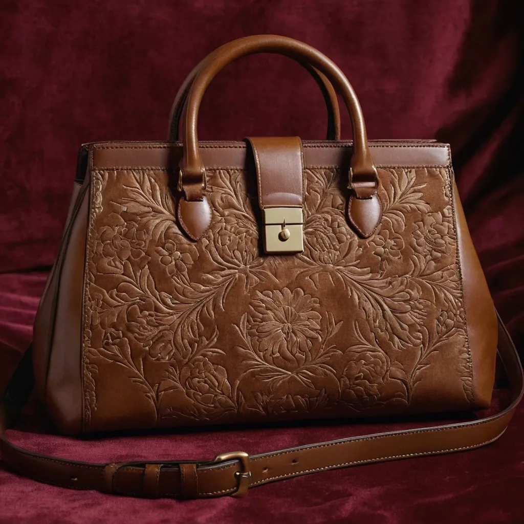 detailed photo of brown leather floral bag
