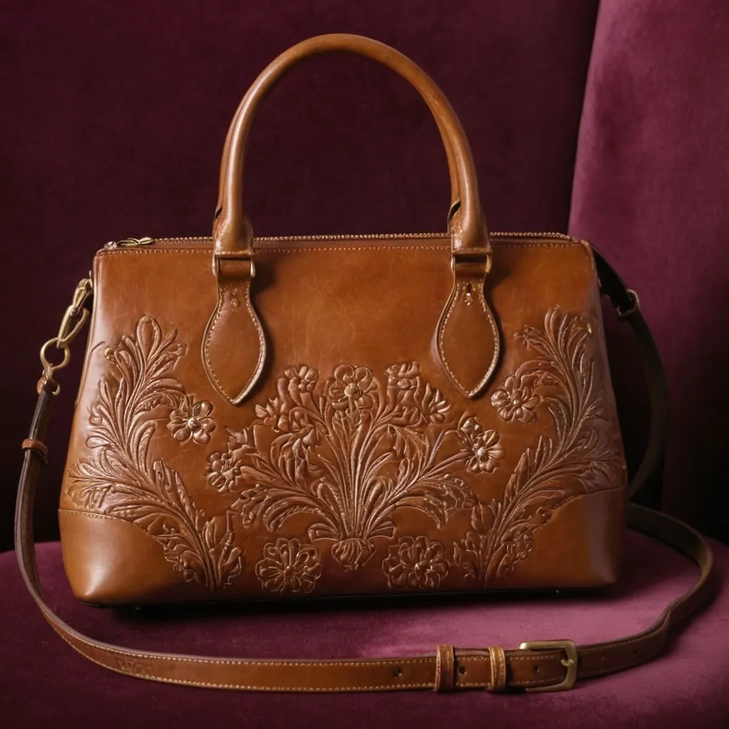 detailed photo of brown leather floral bag