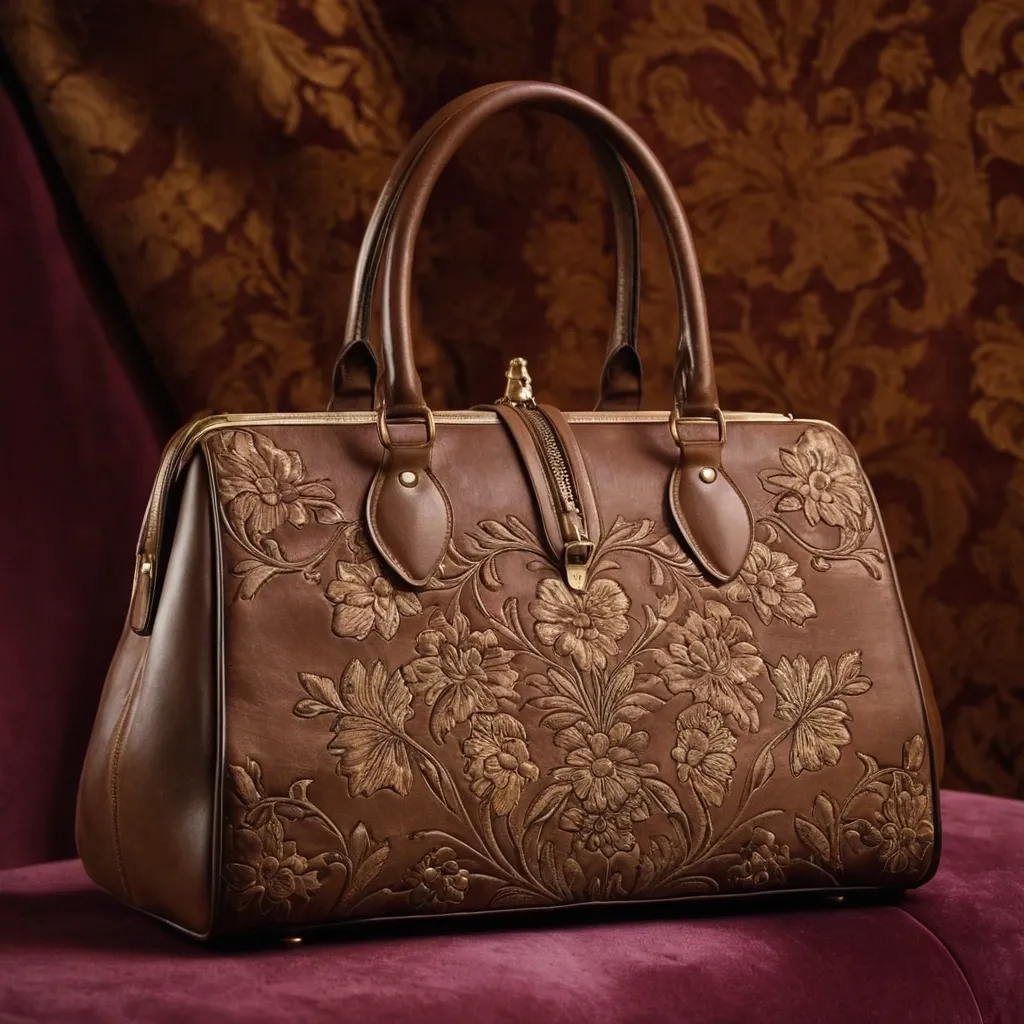 detailed photo of brown leather floral bag