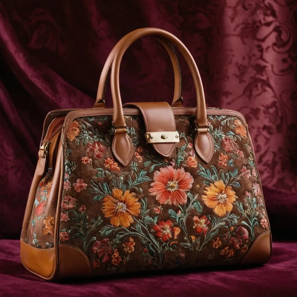detailed photo of brown leather floral bag
