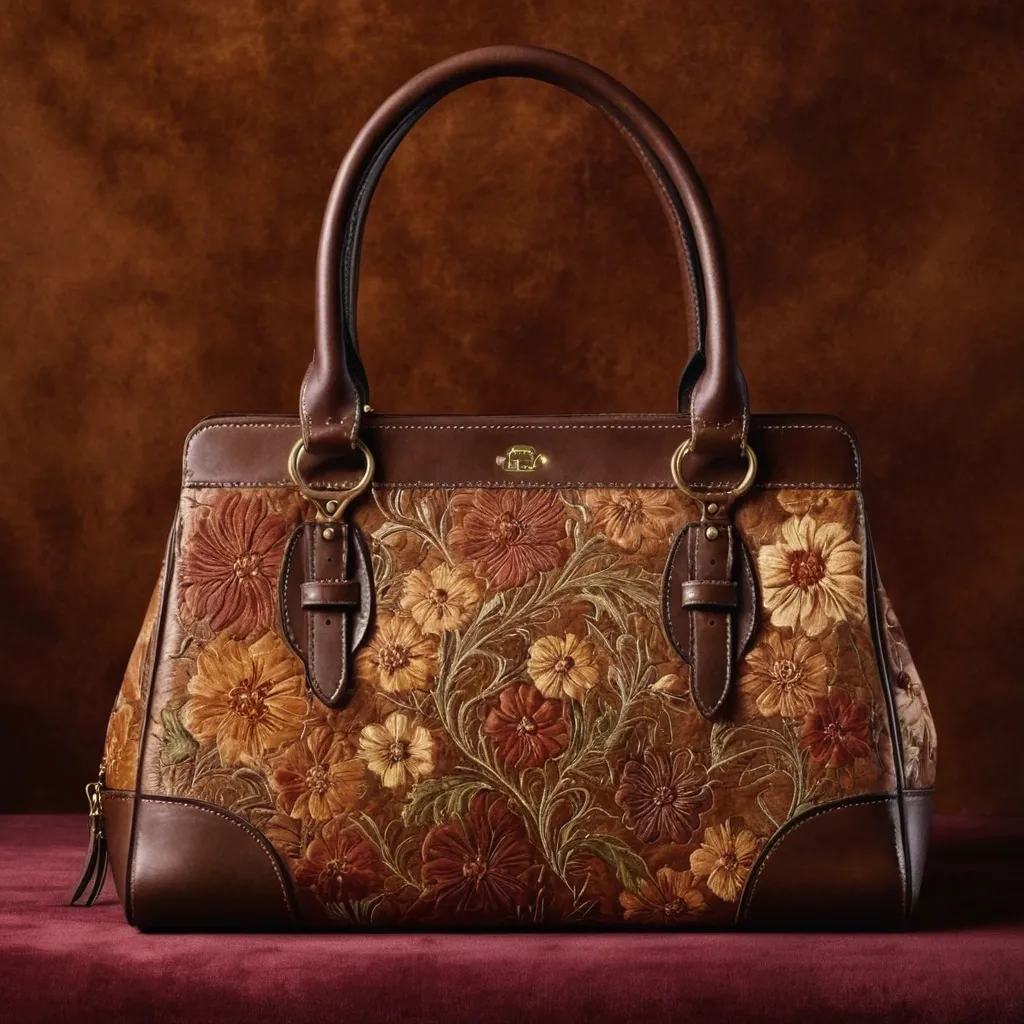 detailed photo of brown leather floral bag