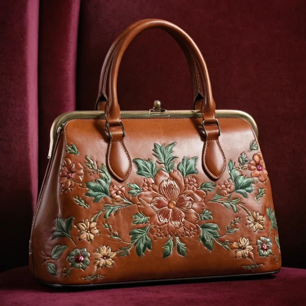 detailed photo of brown leather floral bag