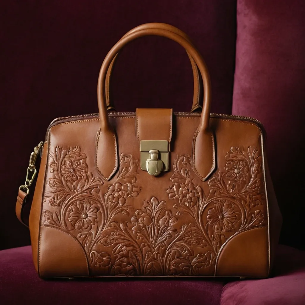 detailed photo of brown leather floral bag