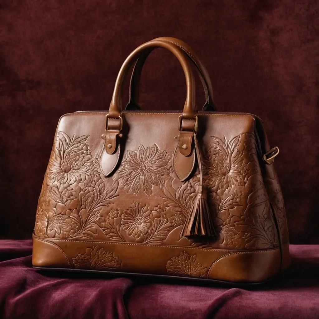 detailed photo of brown leather floral bag