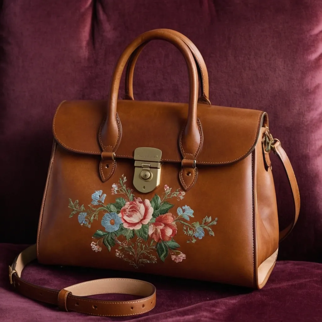 detailed photo of brown leather floral bag