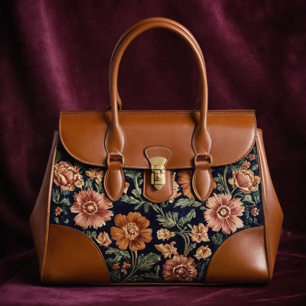 detailed photo of brown leather floral bag