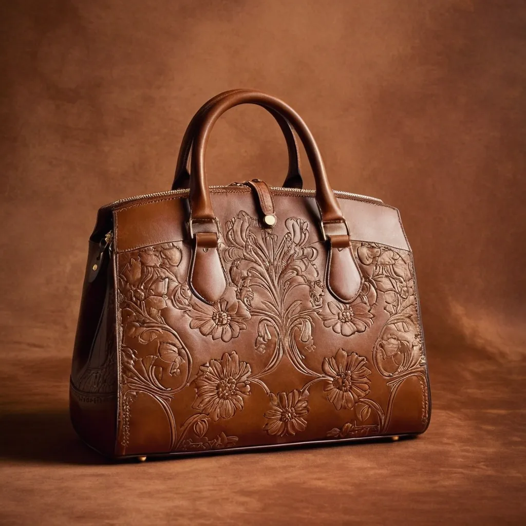 detailed photo of brown leather floral bag