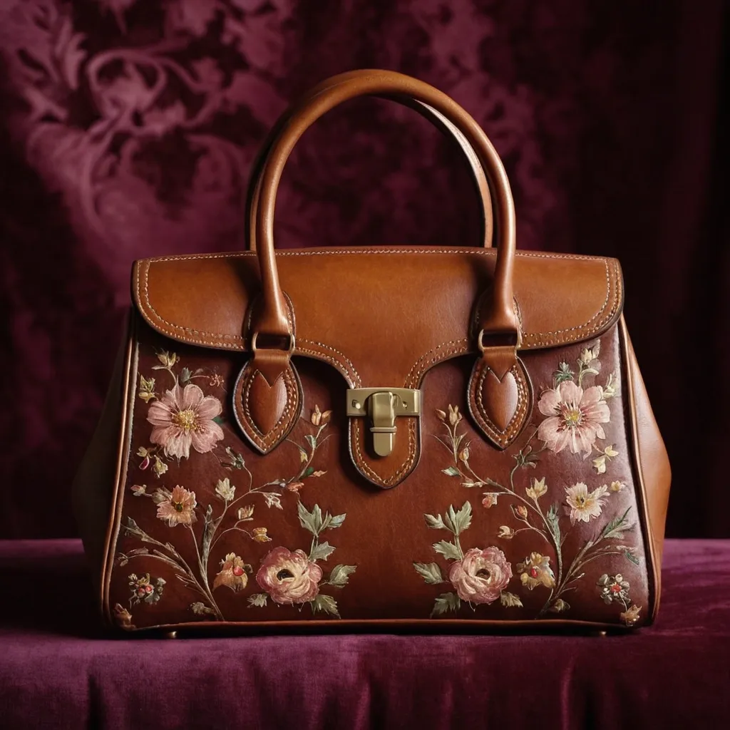 detailed photo of brown leather floral bag