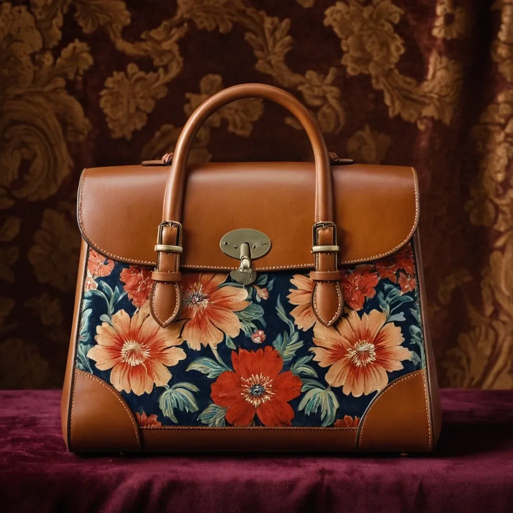 detailed photo of brown leather floral bag