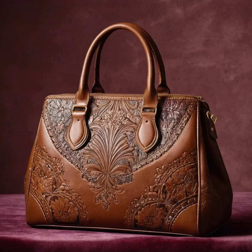 detailed photo of brown leather floral bag