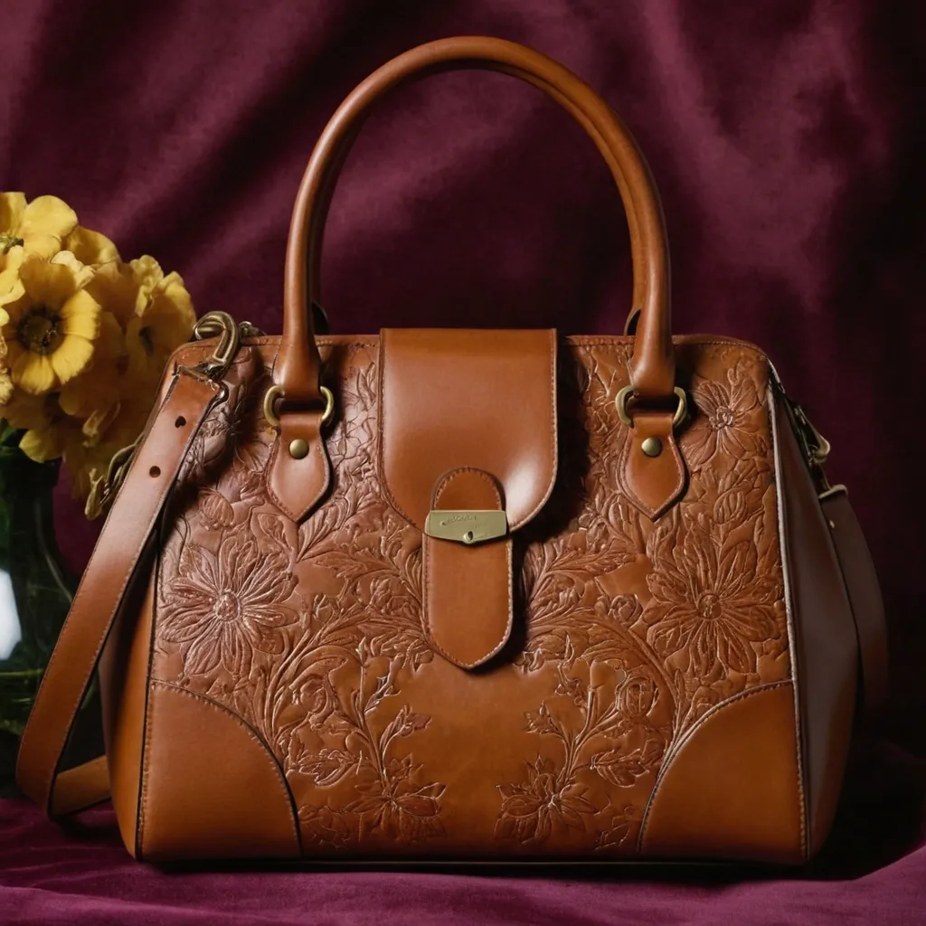 detailed photo of brown leather floral bag
