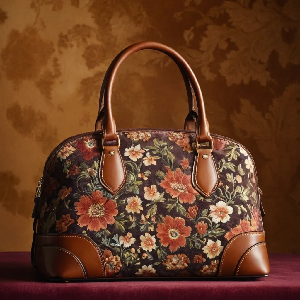 detailed photo of brown leather floral bag